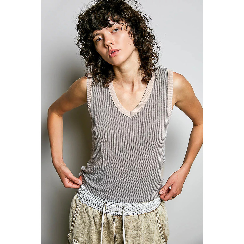 POL V-Neck Contrast Ribbed Sleeveless Tank